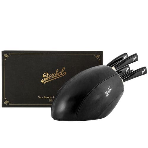 Coffret de couteaux Berkel Elegance Noir, 5 pièces, présenté dans un bloc de cuir.