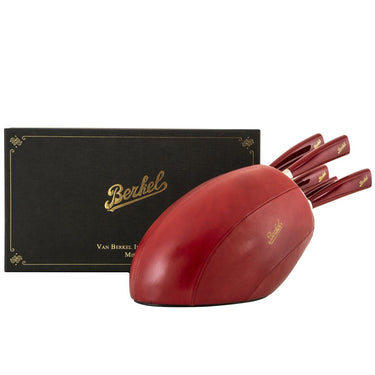 Coffret de couteaux Berkel Elegance Rouge, 5 pièces, présenté dans un bloc en cuir de rugby.